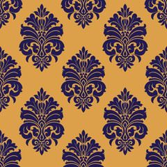 Seamless royal damask pattern with blue ornaments on a gold background.