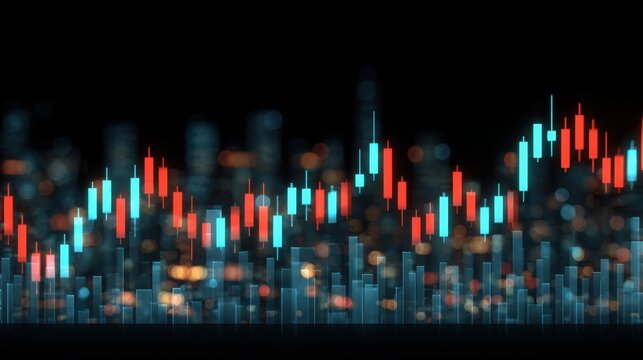 A colorful candlestick chart displays stock market trends against a dark background. The red and blue bars represent price movements, showing market fluctuations over time.