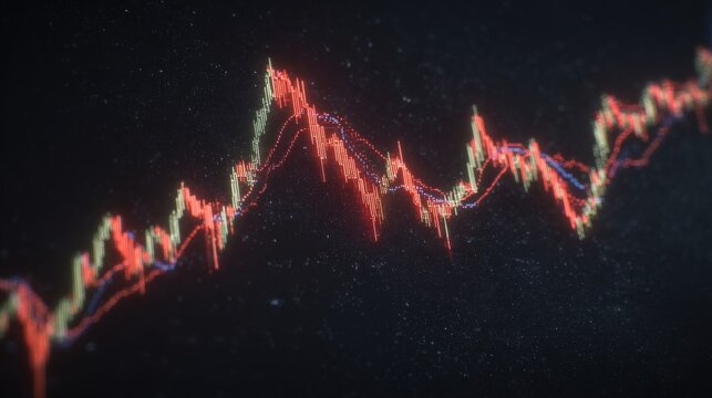 A colorful display of stock market trends features bright candlestick charts and graph lines. - Powered by Adobe