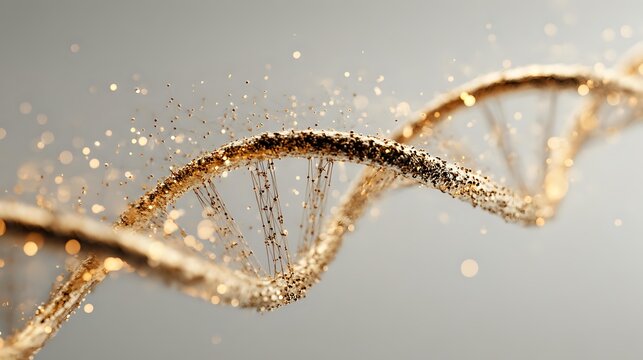 Golden DNA helix structure with glowing particles on gray background, representing genetic research and biotechnology advancement. - Powered by Adobe