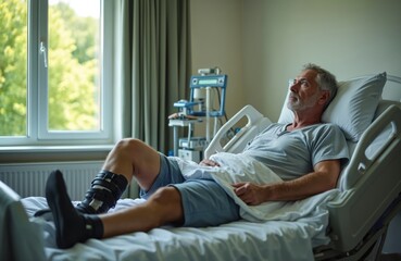 Obraz premium Elderly man rests in hospital bed with leg brace after accident. He looks out window contemplating recovery and future. Medical equipment is nearby, outside trees visible.