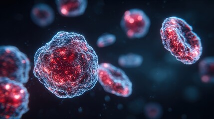 A cluster of red and glowing cells with intricate textures floating in a dark background. The vibrant colors and structures highlight the complexity of cellular life.