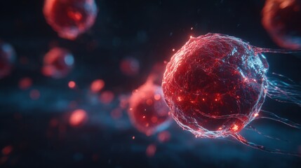 Bright red cells float and move across a dark background, displaying intricate details that highlight their structure. The scene captures a sense of energy and dynamic movement in close proximity.