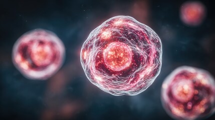Fototapeta premium Cells are depicted in a glowing, vibrant manner, showcasing their intricate structures. The scene conveys a vivid representation of cellular activity against a dark background.