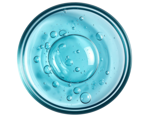 Blue gel sample with bubbles in dish, overhead view