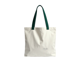 Plain tote bag w/green handles, light fabric, dark background