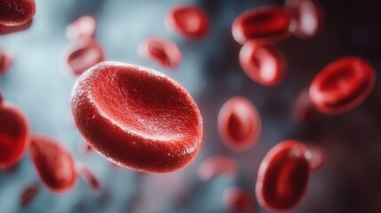 The scene shows numerous red blood cells moving through a dark background, highlighting their round and biconcave shape. This visual emphasizes the importance of blood circulation in the human body.