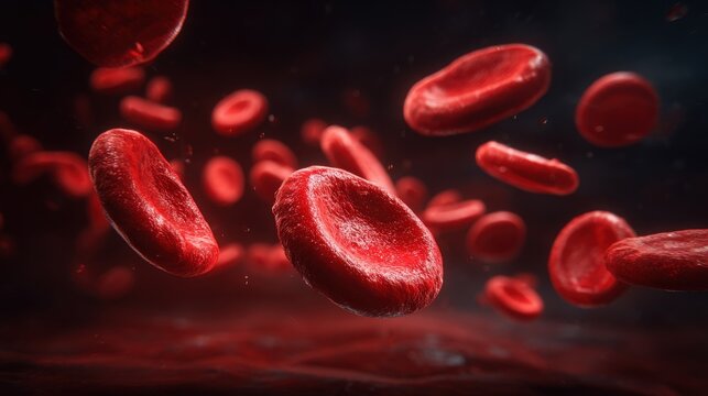 Red blood cells moving through the bloodstream, showcasing their circular shape and vibrant red color. The scene emphasizes fluid dynamics in a biological context. - Powered by Adobe