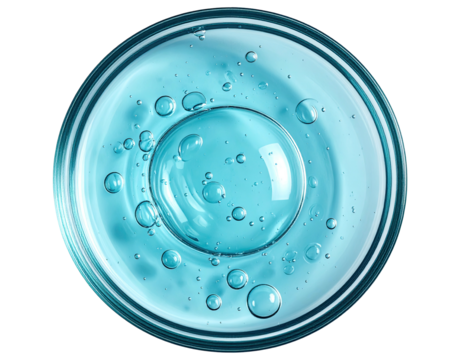 Blue gel sample with bubbles in dish, overhead view