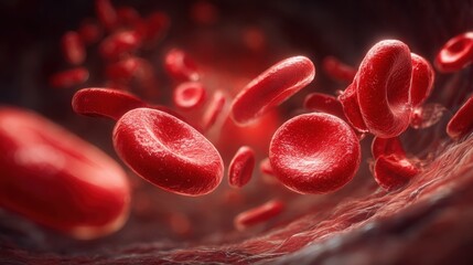 This scene depicts red blood cells flowing seamlessly through blood vessels, highlighting their crucial role in transporting oxygen. The pulsating movement illustrates internal circulation.