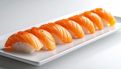 Six Salmon Nigiri Sushi With Orange Roe Sprinkled On Top Arranged On A White Rectangular Plate Illuminated By Studio Lighting