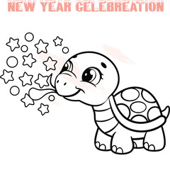 Cute cartoon turtle blowing stars circles celebration animal