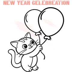 Happy cartoon cat holding balloons for New Year celebration event kitten cute