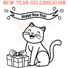 Happy cartoon cat sitting with gift box Happy New Year banner kitten animal celebration