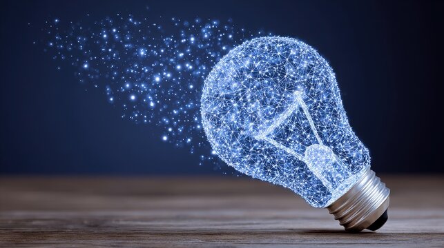 A light bulb made of sparkling particles emits a soft glow against a dark backdrop. The design conveys inspiration and creativity with its ethereal appearance.