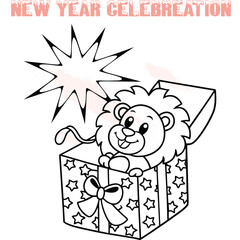 Happy cartoon lion peeking out gift box with star pattern for New Year celebration animal