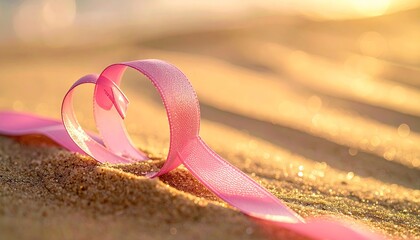 Soft Pink Ribbon Shaped Like A Heart Lying On A Sandy Beach At Sunset With Golden Light And Bokeh Effect
