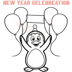 Happy cartoon penguin wearing party hat holding balloons banner for New Year Celebration
