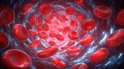 A close-up view shows red blood cells moving swiftly through a blood vessel. The vibrant red cells swirl around a bright background, illustrating the complex interior of the human circulatory system.