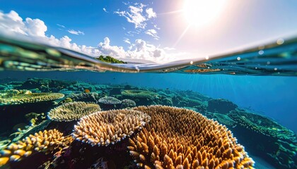 Split view of a vibrant coral reef ecosystem below the ocean surface and a tropical island with palm trees and blue sky above with bright sunshine and clouds