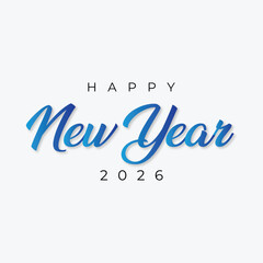 Elegant Happy New Year 2026 typography design with blue gradient calligraphy on white background. Perfect for holiday greetings, banners, and social media posts.