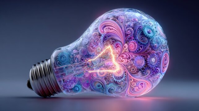 An imaginative light bulb features intricate designs of colorful gears and swirling patterns. This artwork symbolizes creativity and innovation, captivating the viewer with its vibrant details.