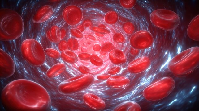 A close-up view shows red blood cells moving swiftly through a blood vessel. The vibrant red cells swirl around a bright background, illustrating the complex interior of the human circulatory system.