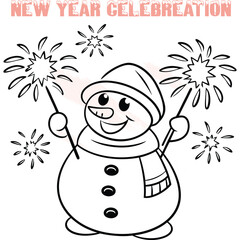 Smiling cartoon snowman with scarf hat holding sparklers for New Year celebration