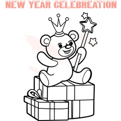 Teddy bear wearing crown holding star wand sitting gift boxes for New Year celebration