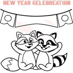Two cheerful cartoon raccoons hugging with banner for New Year celebration