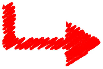 Red hand drawn arrow png turning right with a distinct corner, transparent background for continue or next page navigation in digital content
