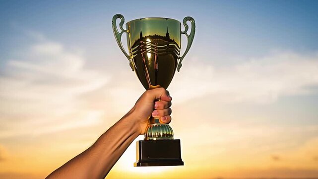 A hand holding a trophy under sunlight sky for the concept of success.