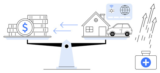 Scales balance money and assets, including house, car, and digital connection icons. Ideal for financial planning, investment, saving, economy, budgeting wealth management and simple flat metaphor