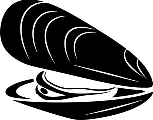 Isolated monochrome illustration of a mussel shell silhouette
