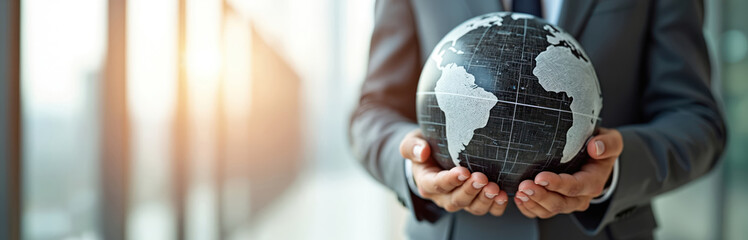 Businessman in suit holding black and white globe with grid pattern. Hands holding world globe in office setting. Professional holding earth globe with mesh texture in modern environment.
