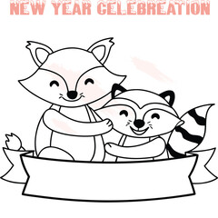 Two happy cartoon foxes embracing with blank banner for New Year celebration message