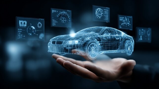Hand holding wireframe car with digital overlays - Powered by Adobe