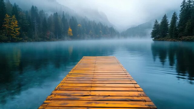 Wooden pier extending into misty lake with forest and mountains