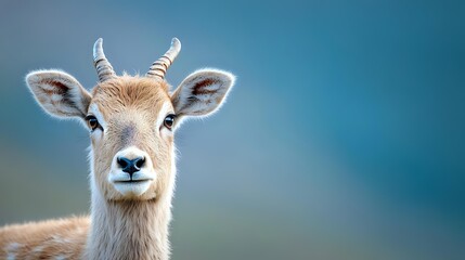 Obraz premium Close-up portrait of young antelope with small horns and large ears against smooth blue background, showcasing wildlife in natural habitat.