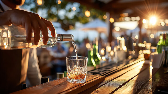 Bartender pouring whiskey into glass at outdoor bar setting