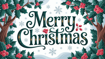 Festive merry christmas greeting with holly berries snowflakes and winter trees in a decorative border