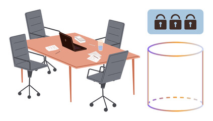 Office table with four empty chairs, laptop, papers, and glass. Nearby locked icons represent cybersecurity, and 3D database cylinder suggests data management. Ideal for technology, teamwork