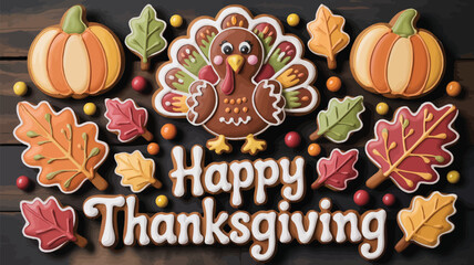 Delicious thanksgiving turkey and pumpkin decorated cookies with autumn leaves on dark wood background