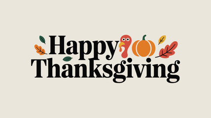 Happy thanksgiving text with cute cartoon turkey and pumpkin surrounded by autumn leaves