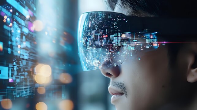 Young Asian man wearing futuristic smart glasses with digital interface projection, experiencing virtual reality in dark environment.