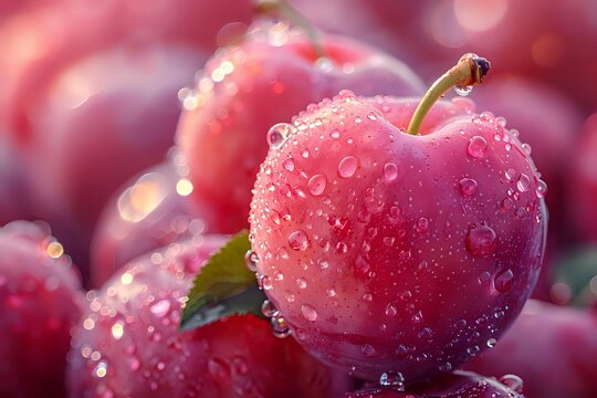 Fresh ripe cherry with water droplets in macro view, showcasing juicy red fruit with morning dew against blurred background of more cherries.