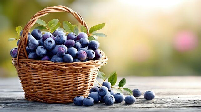 Fresh blueberries in wicker basket on rustic wooden table with soft bokeh background, ideal for food blogs and healthy eating promotions.
