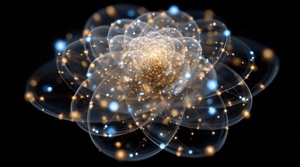 This artwork showcases a luminous flower-like structure with swirling lines and glowing particles against a dark background.