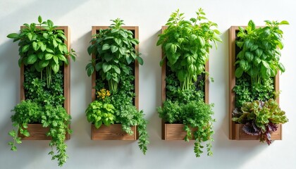 Four wooden planters mounted on white wall, containing lush green plants and herbs. Various foliage and leafy greens grow in boxes. Vertical garden setup with natural wood and vibrant plants.