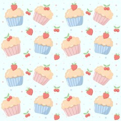 Sweet Strawberry and Cherry Cupcake Dessert seamless Pattern